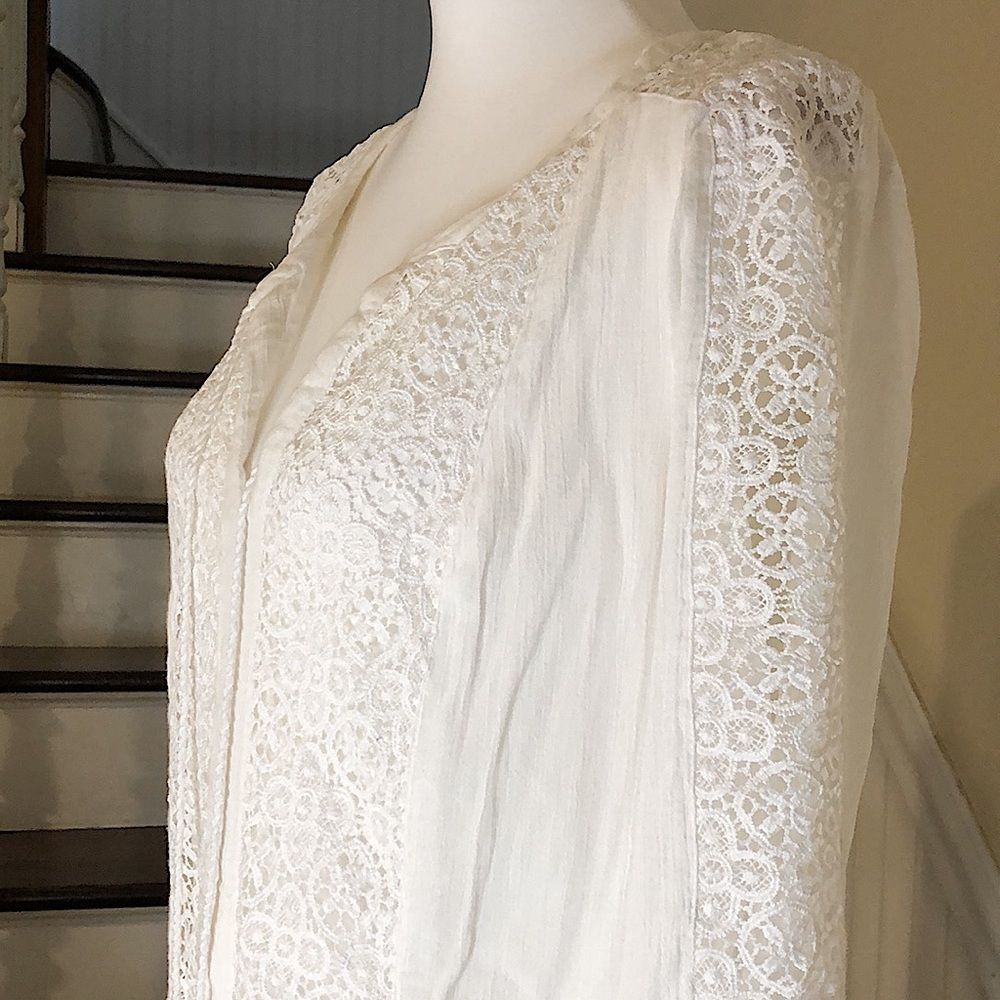 LUCKY BRAND Fully Lined White Crochet Long Sleeve Tunic w Tassels Sz Small - Picture 6 of 16